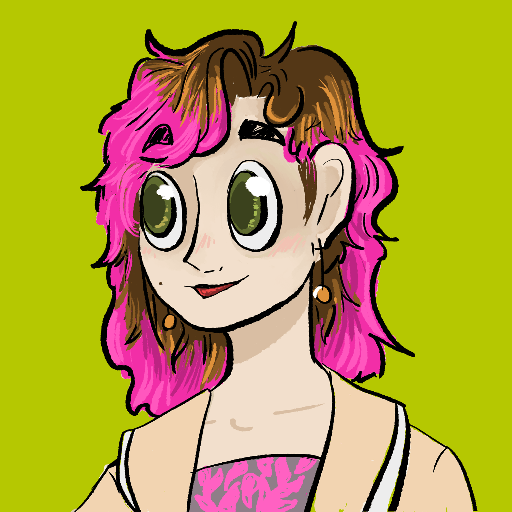 a drawing of a pink haired person on a green background. They have big brownish eyes, a couple of moles and are smiling.